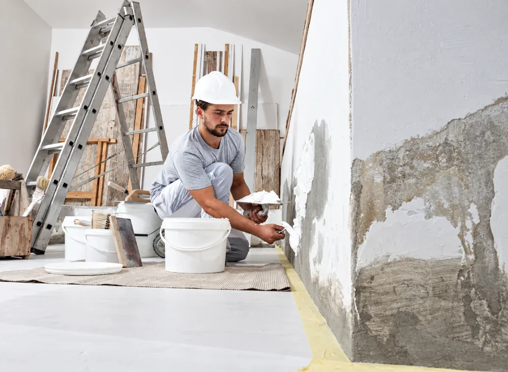 Reprise d’enduit sur un mur intérieur pendant une rénovation